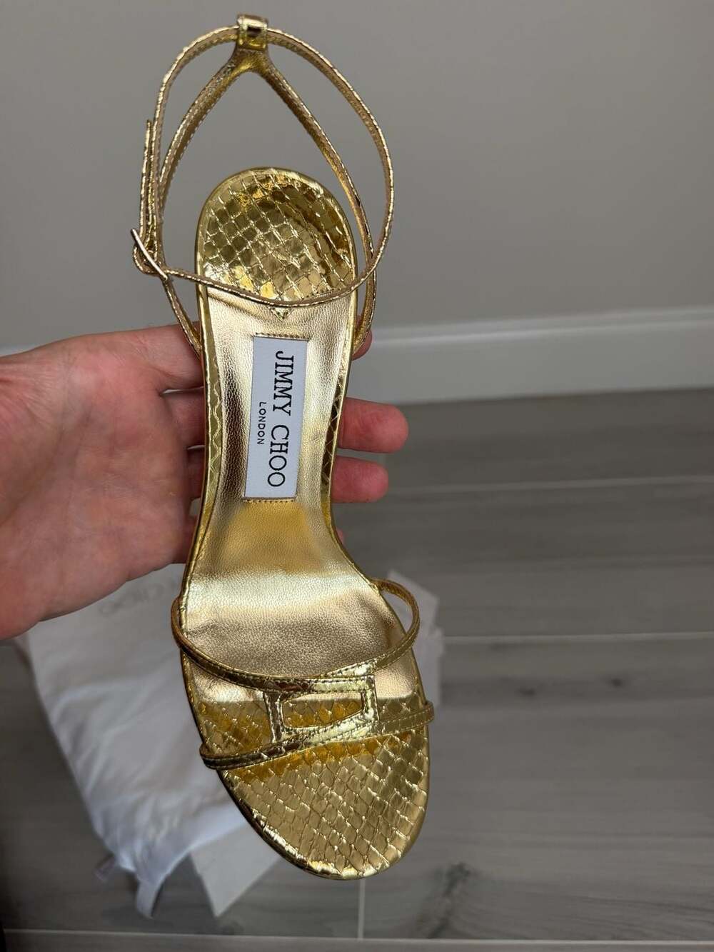 Jimmy Choo Leo 100 Gold Candy Wrap Leather Heels Sandals EU 38 US 8 - Picture 8 of 10